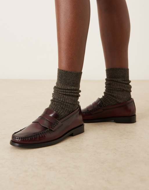 Mango classic 100% leather loafer in vintage look cherry red