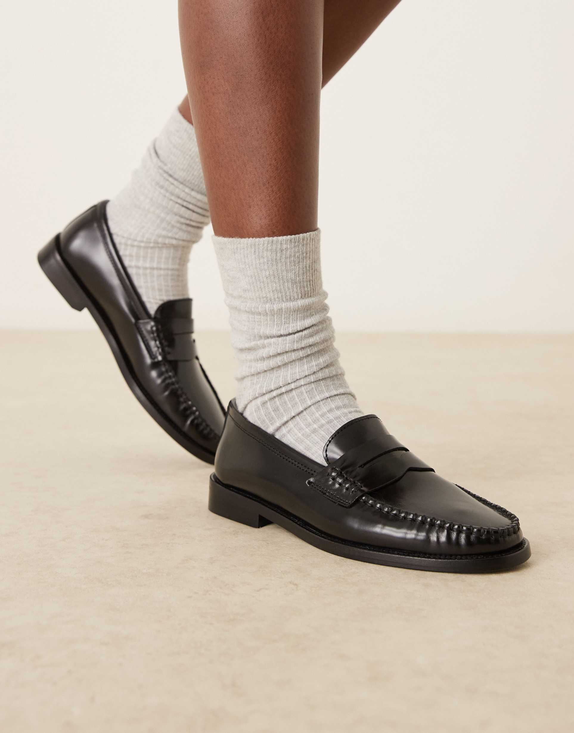 mango classic 100% leather loafers in black