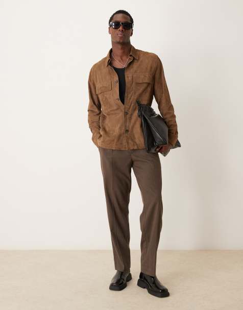 Mango classic collar button down suede jacket in brown - view 1