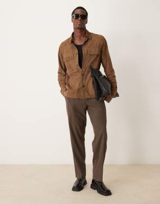 classic collared button down suede jacket in brown