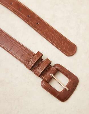 Mango Classic Croc Detail Square Buckle Belt In Brown