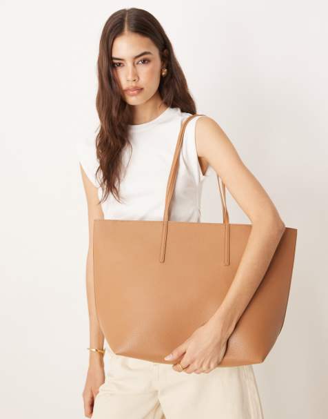 Mango classic faux leather tote bag in caramel - view 1