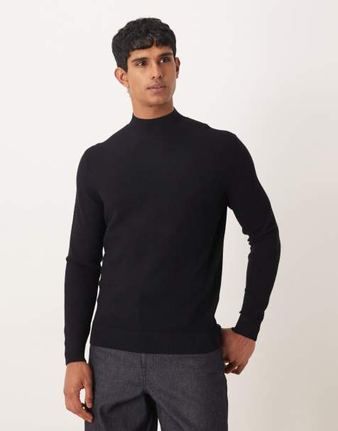 Mango classic fine knit mock neck jumper in black - view 1
