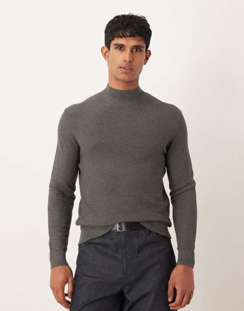 Mango classic fine knit mock neck sweater in charcoal - view 1