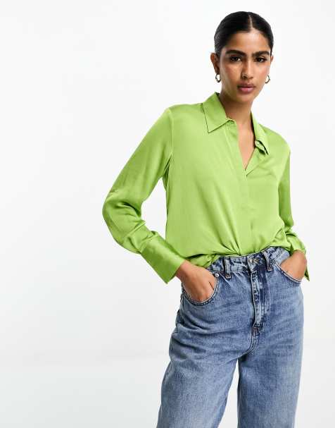 Mango classic fit satin collared shirt in bright green - view 1