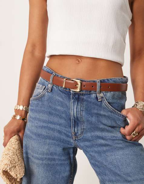 Mango classic gold buckle belt in brown - view 1