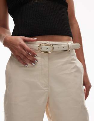 Mango classic gold oval buckle belt in cream-Neutral