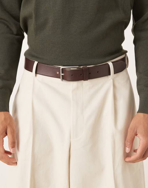Mango classic leather belt with silver-tone buckle in brown - view 1