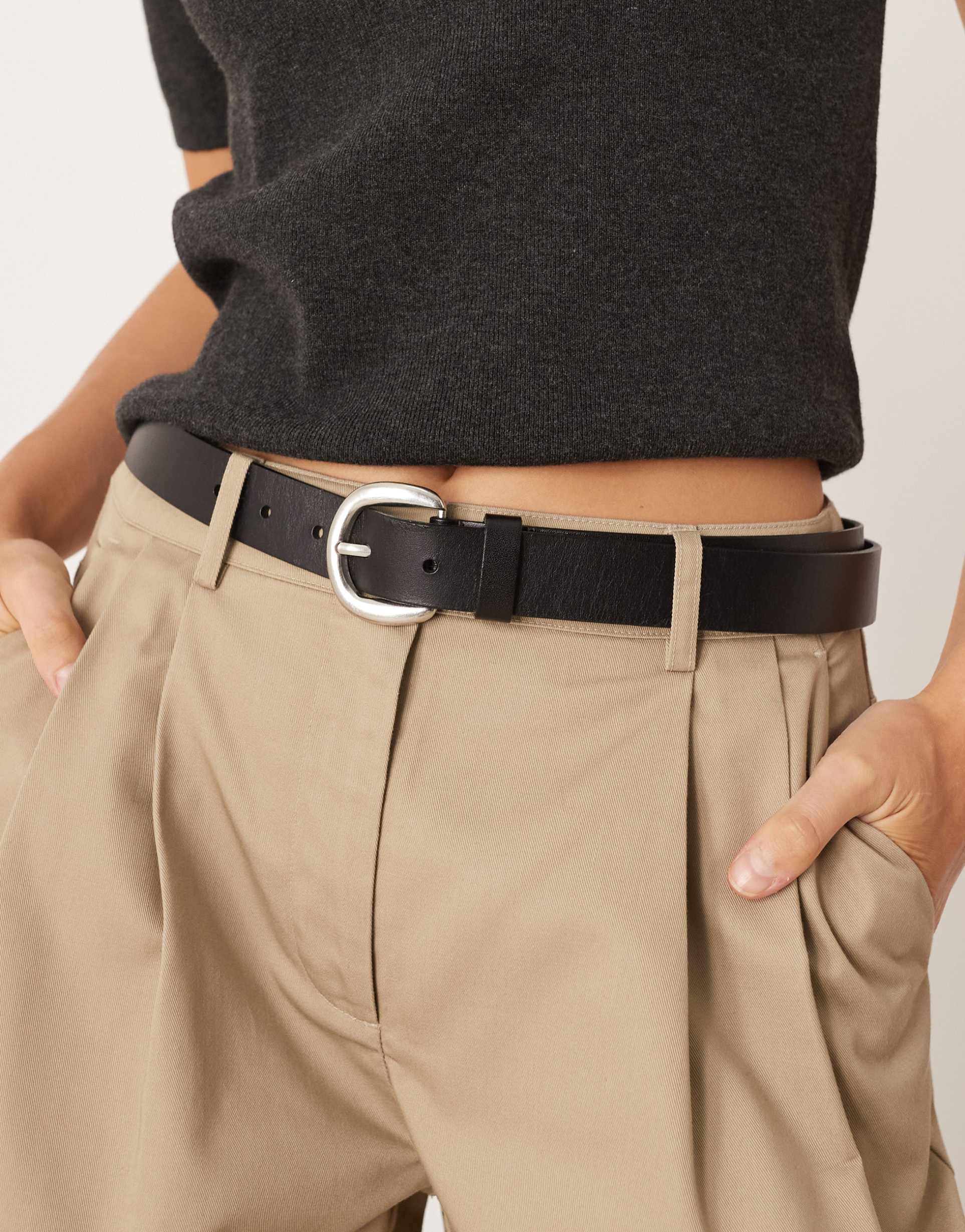 mango classic leather silver buckle belt in black