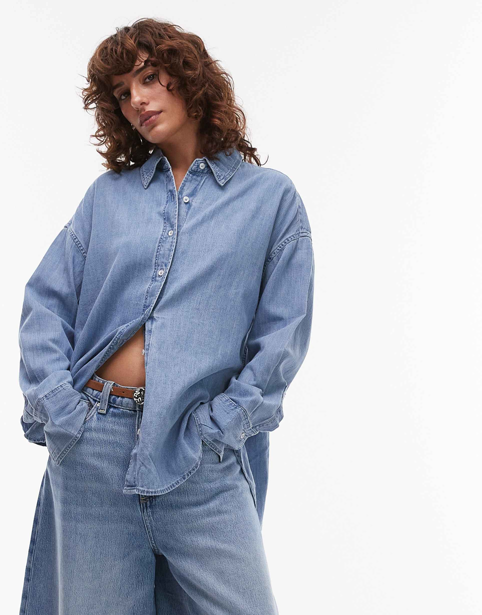 mango classic oversized denim shirt in blue