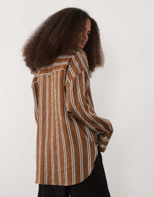 Mango classic oversized shirt in brown stripe, 4 of 4