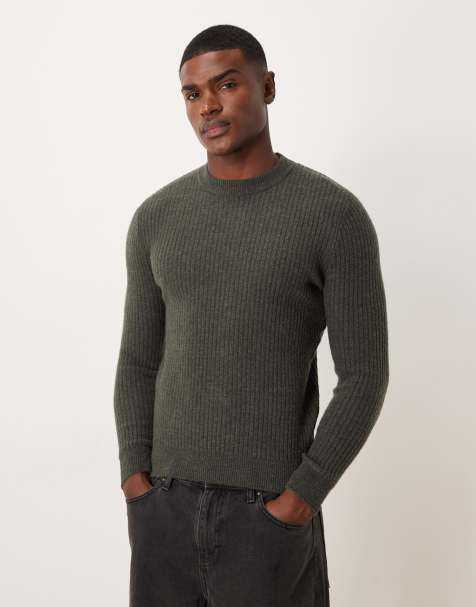Mango classic relaxed fit ribbed sweater in dark green - view 1