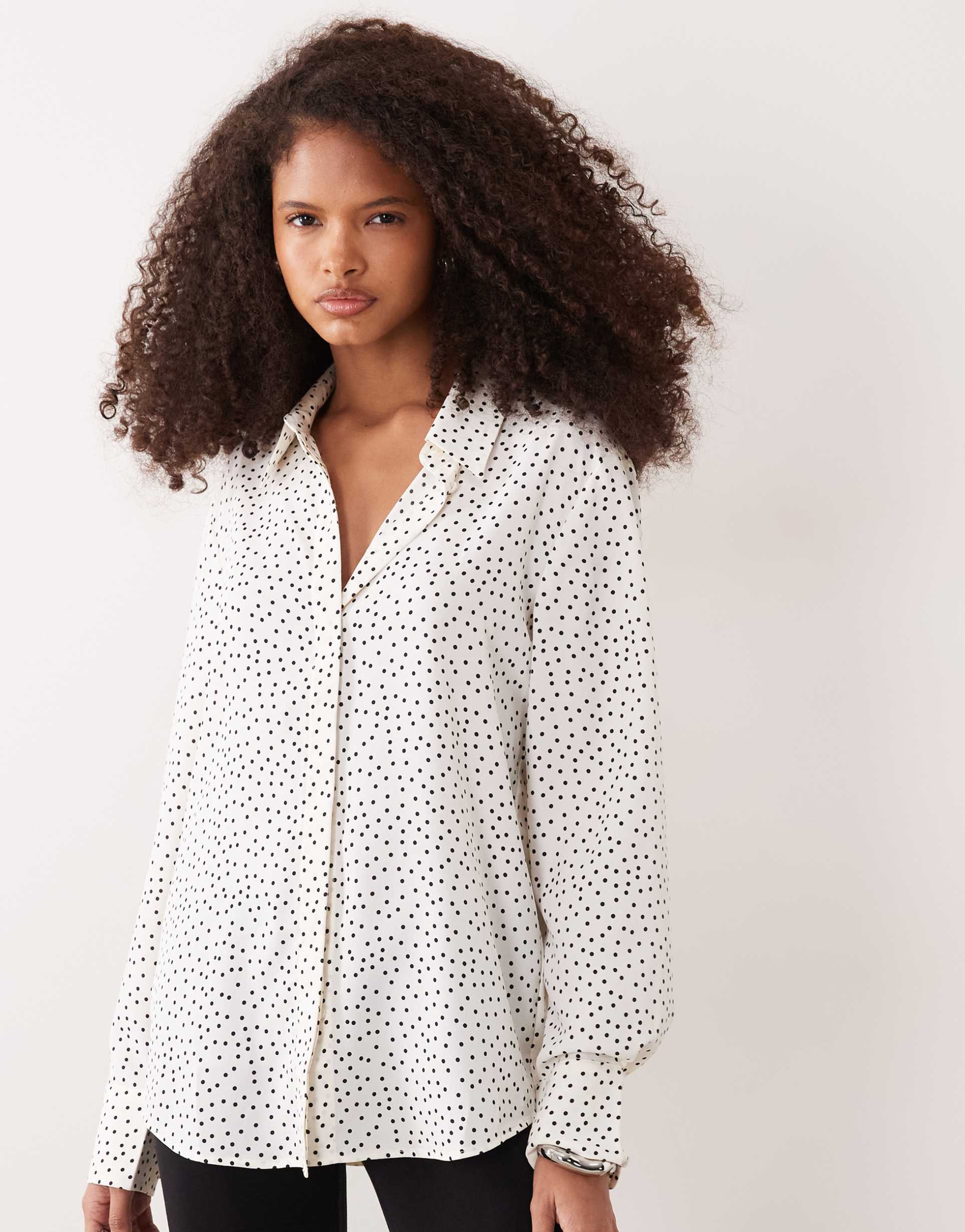 mango classic shirt in beige and black polka dot