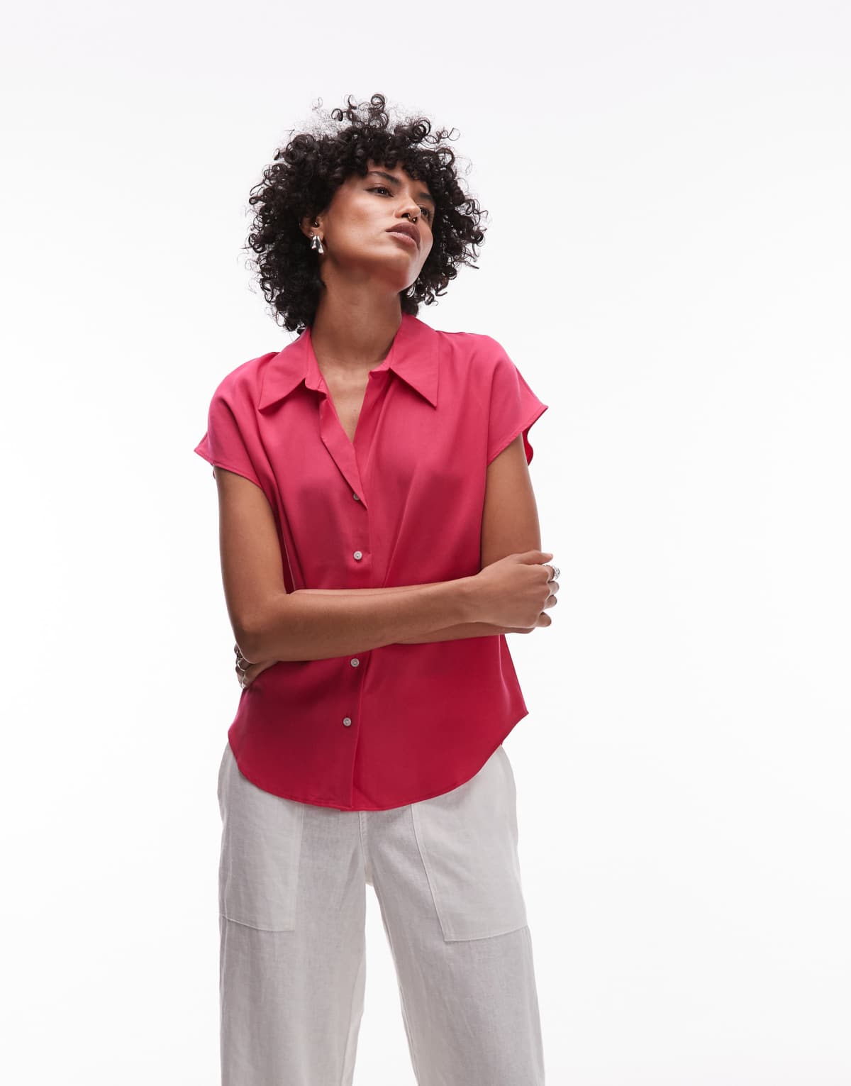 Mango classic sleeveless satin shirt with rounded hem in red