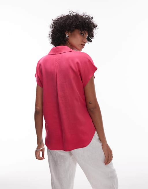 Mango classic sleeveless satin shirt with rounded hem in red, 4 of 4