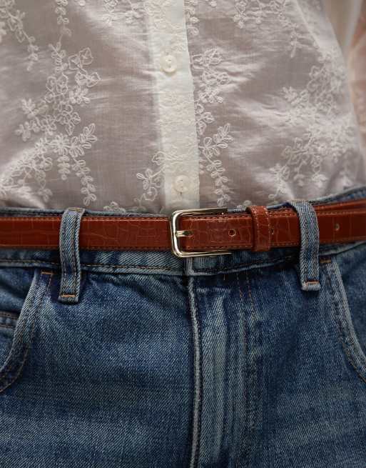 Mango classic slim croc belt in brown