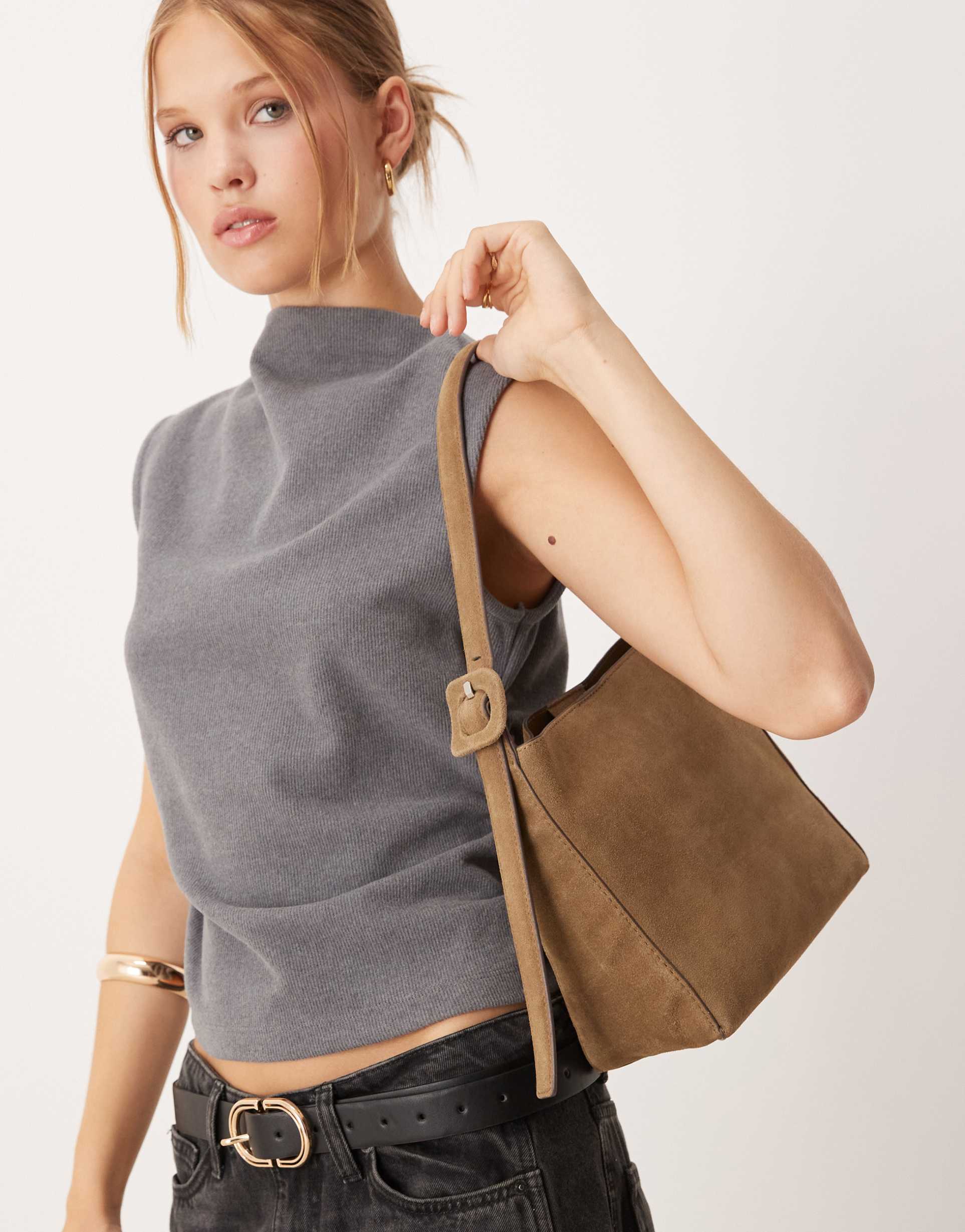 mango classic square suede shoulder bag in chestnut