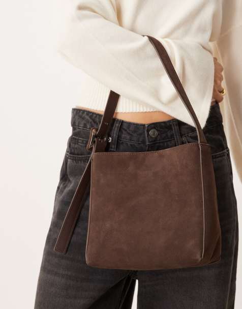 Mango classic square suede shoulder bag in dark brown - view 1