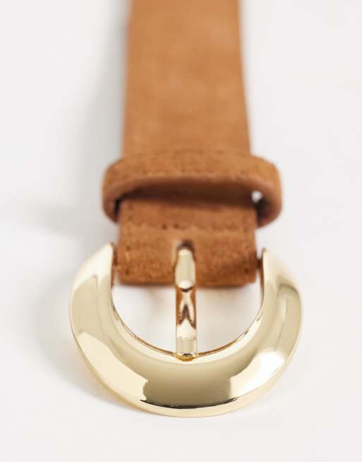 Mango classic suede belt with gold hardware in tan, 2 of 3