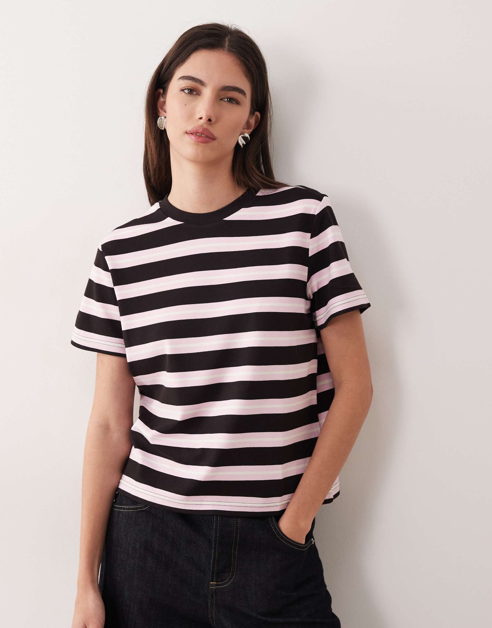 mango classic t-shirt in pink and brown stripes