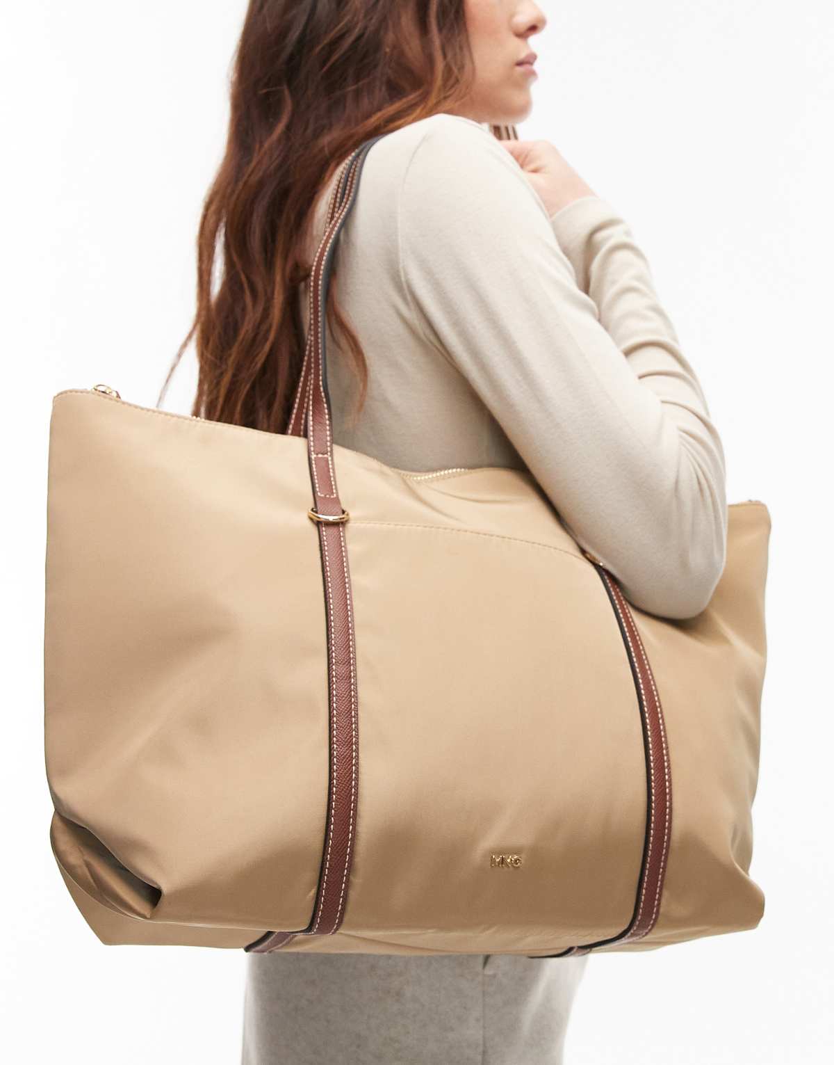Mango classic tote bag with contrast handles in tan