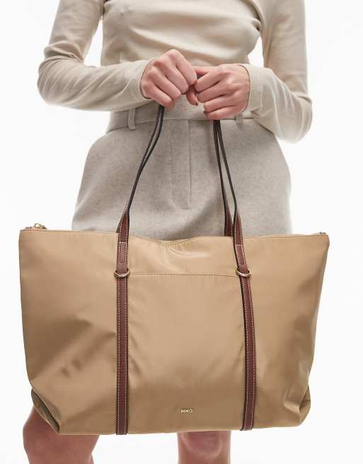 Mango classic tote bag with contrast handles in tan, 3 of 4