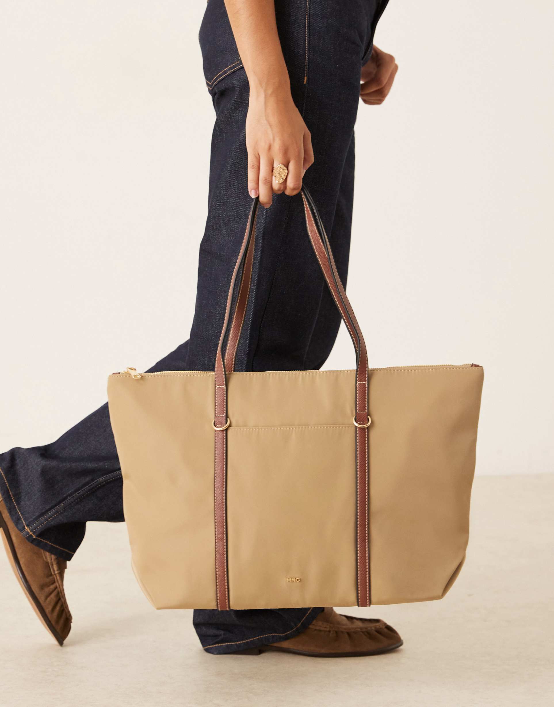 mango classic tote bag with contrast handles in tan