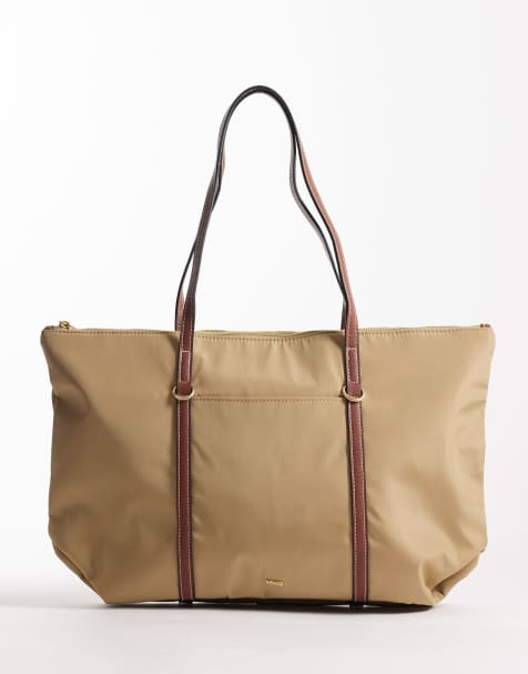 Mango classic tote bag with contrast straps in tan - view 1