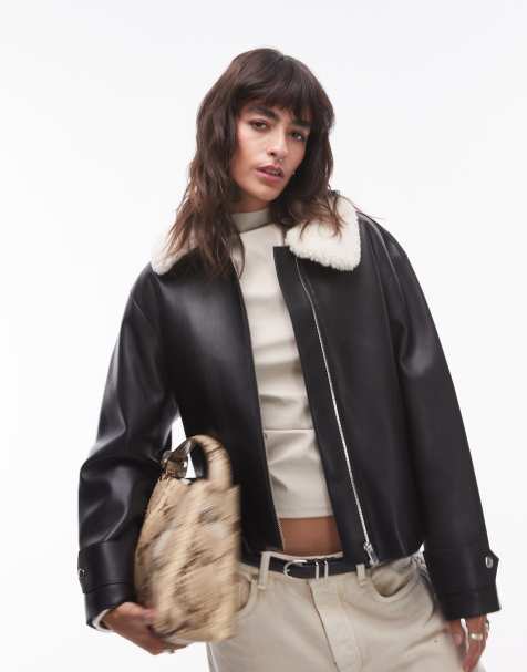 Mango clean borg neck aviator jacket in black - view 1