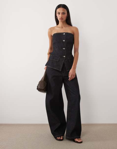 Mango Clemence 100% cotton button through bandeau top & barrel jean co-ord in indigo - view 1