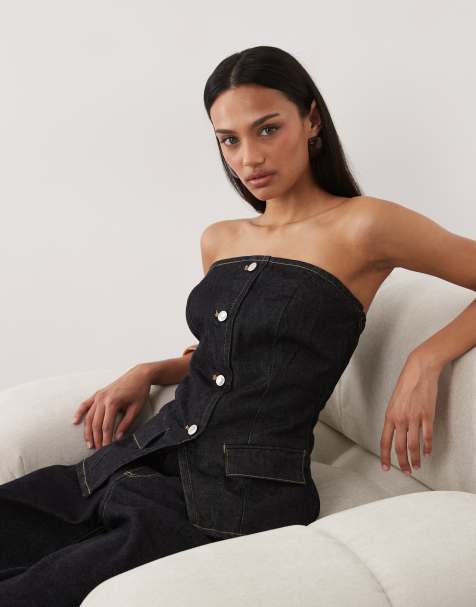 Mango Clemence 100% cotton button through bandeau top co-ord in indigo