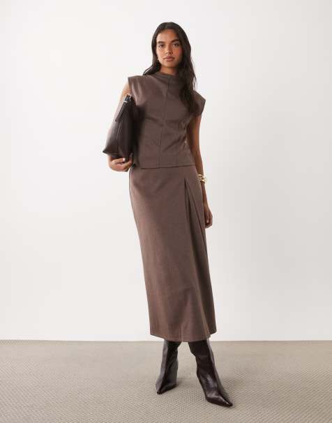 Mango Clinta high neck sleeveless top & midi skirt co-ord in brown - view 1