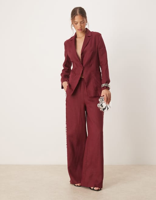 Mango co-ord 100% linen frayed edge fitted blazer in dark red, 4 of 4