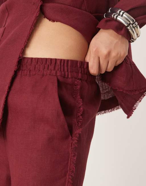 Mango co-ord 100% linen frayed edge pull on trouser in dark red, 3 of 5