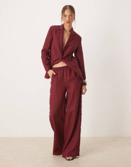Mango co-ord 100% linen frayed edge pull on trouser in dark red, 4 of 5