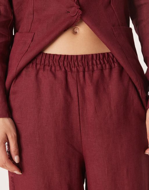 Mango co-ord 100% linen frayed edge pull on trouser in dark red, 5 of 5