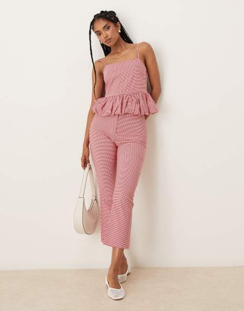 Mango co-ord gingham ruched hem cami top and capri trousers in red - view 1