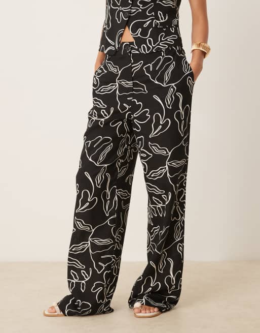 Mango co-ord linen mix mono sketch print trouser in black, 5 of 5