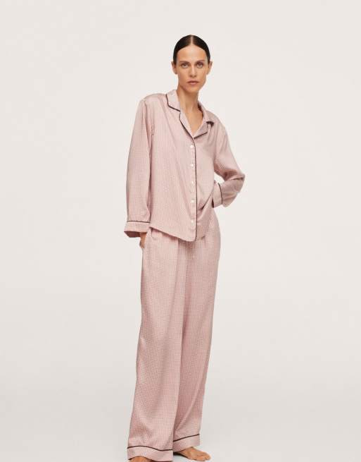 Mango co-ord pj satin retro tile print shirt in pink, 3 of 4