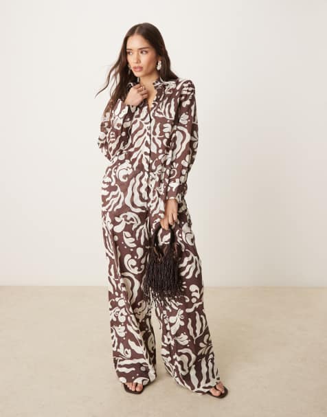 Mango - Co-ord set met overhemd en broek met wijde pijpen, gestrikte taille en abstracte botanische print in bruin - view 1