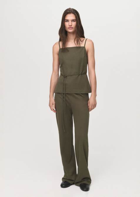 Mango - Co-ord set met top met bandjes en vierkante hals en broek met gestrikte taille in kaki - view 1