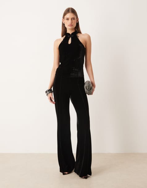 Mango - Co-ord set van fluwelen top met uitsnijding en kick flare-broek in zwart - view 1