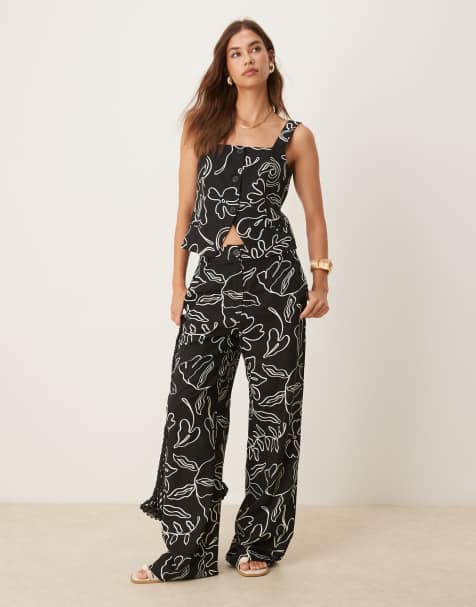 Mango - Co-ord set van linnenmix met schetsprint in zwart-wit - view 1
