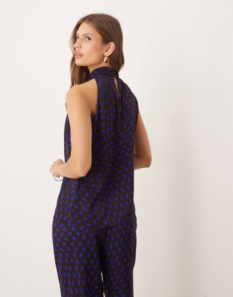 Mango - Co-ord set van satijnen top met halternek en broek met wijde pijpen in bruine stippenprint - view 1