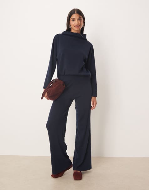 Mango - Co-ord set van zachte gebreide hoogsluitende trui en broek in marineblauw - view 1