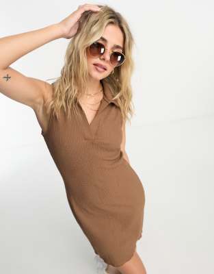 Mango Collar Ribbed Mini Dress In Brown
