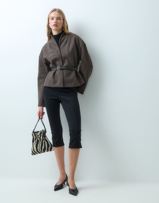 Mango collarless belted jacket in brown, 2 of 4