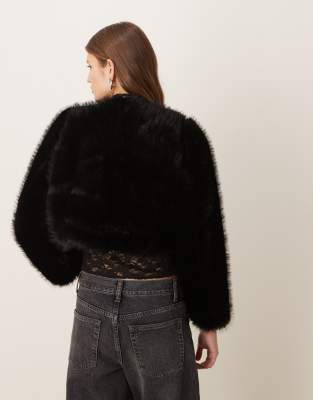 Mango Collarless Cropped Faux Fur Jacket In Black
