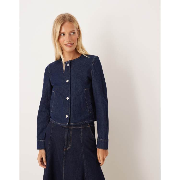 Mango collarless denim jacket in indigo | ASOS