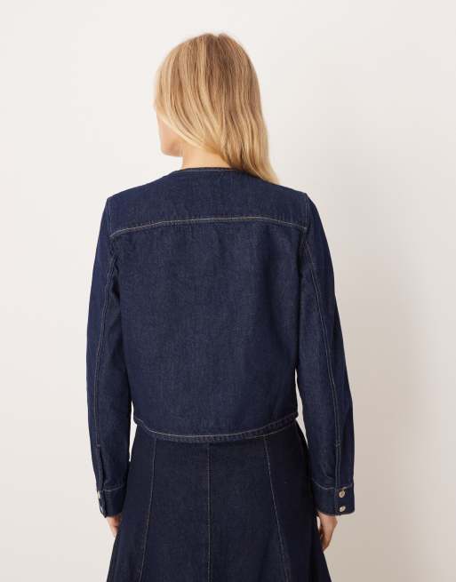 Mango collarless denim jacket in indigo, 2 of 4